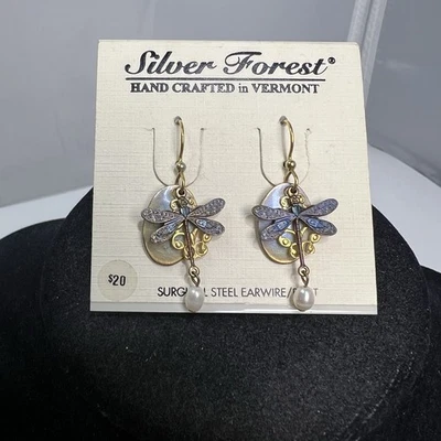 New Silver Forest Handcrafted Jewelry Dragonfly with Pearl Dangle Earrings - Image 1 of 3