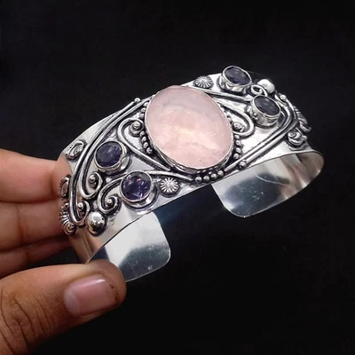 925 Sterling Silver Rose Quartz & Amethyst Gemstone Jewelry Cuff Bracelet - Image 1 of 4