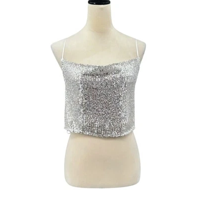 Camiseta sin mangas Walter Baker nueva con etiquetas Med Cynthia plateada lentejuelas de hielo drapeada crop cami $258 Foto 1 de 4