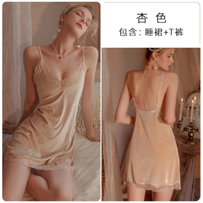Mujeres Boudoir Ropa de dormir Sexy Lencería Babydoll Camisón Cuello en V Terciopelo Vestido sin cordones Foto 1 de 4
