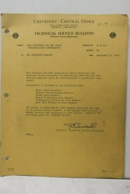 1964 Chevrolet Dealer Pass Car Truck Identification Information #DR-615, TSB . Foto 1 de 2