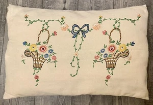 Vintage Handmade Embroidered Pillow, Large 16” by 22.5” Baskets & Flowers - Picture 1 of 6