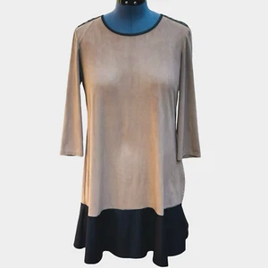 TIANI B. Faux Suede A-Line Dress Sz 14 Tan Black ColorBlock Grommets *FLAW - Picture 1 of 14