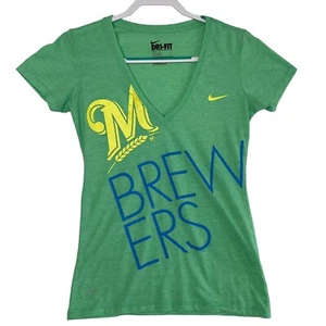 Milwaukee Brewers Nike Dri-Fit V-Neck T-Shirt Women's Small Slim Fit Green - Picture 1 of 14