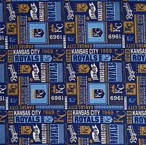 2 Yards Cotton Quilt Fabric Kansas City Royals Baseball MLB Navy Blue KC Logo - Picture 1 of 3