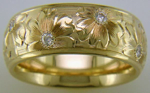 14K Gold Floral Engraved Wedding Band Stackable Handmade Flower Moissanite Ring - Picture 1 of 12