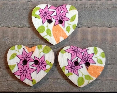 3 Flower Heart Sewing Buttons Crafting Wood 2 Hole  1"  - Image 1 of 2