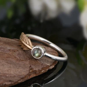 Leaf Designer Sterling Silver Stackable Ring With Labradorite For Engagement - Picture 1 of 5
