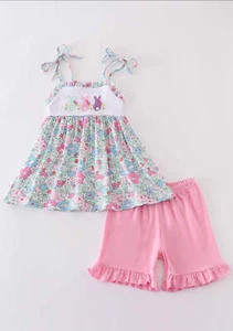 Mädchen Boutique Ostern Blumen Hase zweiteiliges kurzes Set Outfit Geschwister passend - Bild 1 von 7