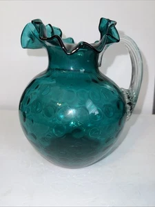 Scarce Color Turquoise Vintage-Fenton Art Glass Blue Pitcher Thumbprint/Coin Dot - Picture 1 of 8