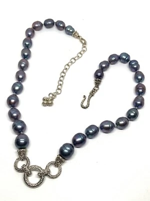 大溪地黑色绿色珍珠项链花卉银色扣 20 英寸 — 第 1/4 张图片