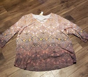 Ruby Red Brown Fall Themed Women's Blouse Sz 1X - Picture 1 of 5