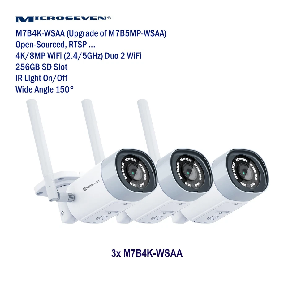 3Microseven 4K/8MP Ultra HD Dua WiFi 2.4/5GHz IP Camera 2 Two-Way Audio 256GB SD - Image 1 of 4