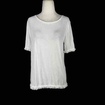ANN TAYLOR LOFT ROUND NECK SHORT SLEEVE SLUB JERSEY FRINGE T-SHIRT WHITE SMALL - Image 1 of 4