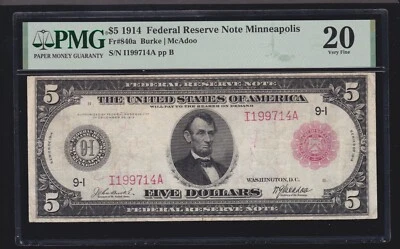 US 1914 $5 FRN Minneapolis Red Seal FR 840a PMG 20 VF (714) - Image 1 of 2