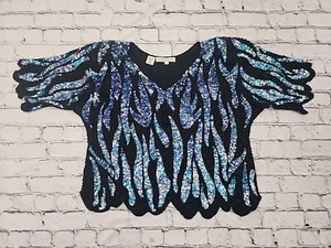 Vintage Marquis Silk 1980’s BUTTERFLY EXTRAVAGANZA Sequin Blouse Blue Black Sz L - Picture 1 of 5