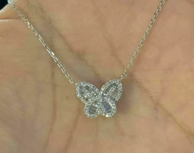 2Ct Taglio Rotondo Moissanite Farfalla Ciondolo Collana 14K Oro Bianco Argento - Immagine 1 di 4