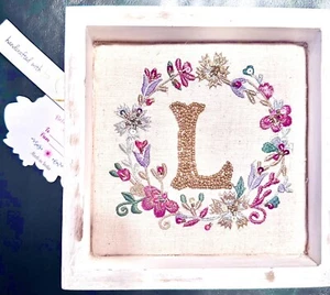 Embroidered Sequin Beaded Floral “L” Monogram Framed Picture Art Decor 7” X 7” - Picture 1 of 13
