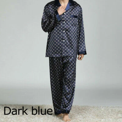 Conjunto de pijama masculino de seda sintética roupa de dormir calça manga longa cetim macio camisola casual - Imagem 1 de 4
