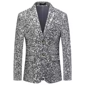 Men Shiny Sequin Suit Blazer Dress Jacket Dinner Party Prom Coat Tops Smart Slim - Picture 1 of 26