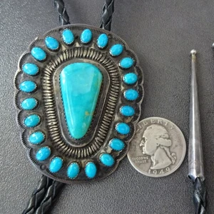 Vintage BOLO TIE Sterling Silver TURQUOISE CLUSTER Black Leather Cord 925 Tips - Picture 1 of 15
