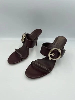 GUCCI Juanita Oxblood Burgundy Leather Sandals Gold Buckle Heels IT 38.5 US 8.5 - Image 1 of 4