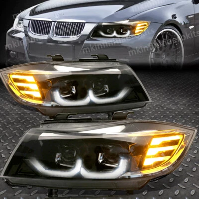 Fit 2005-2008 BMW E90 E91 Black Dual Projector Headlights+Dynamic LED 3D Halo Foto 1 de 4