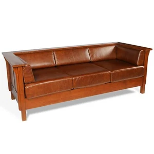 ARTS AND CRAFTS / CRAFTSMAN CUBIC PANEL SIDE SOFA - CHESTNUT BROWN LEATHER - Picture 1 of 6