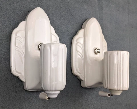Pair Art Deco PORCELIER White Porcelain Sconces,  Rewired, Very good condition! Cover