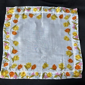 Vintage Ladies’ Orange & Yellow Tulips Floral Print Hankie Handkerchief - Picture 1 of 3