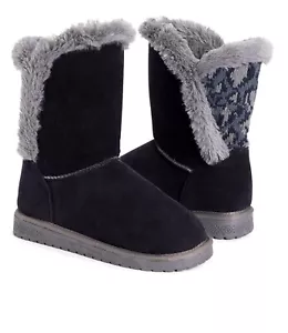 Muk Luks Women's Carey Ankle Booties Faux Fur Lined Navy Leopard Size 10 M US - Picture 1 of 8