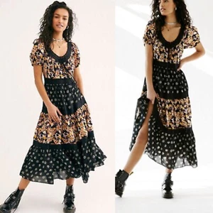 Free People Sun Chaser Midi Dress Size Medium Cottage Black Floral - Picture 1 of 8