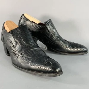 JOHN FLUEVOG Size 9 Black Lizard Embossed Leather Wingtip Chunky Heeled Loafers - Imagen 1 de 9
