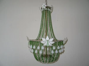 ~Lampadario impero bianco opalino anni '30 enormi fiori di Murano gocce perline verdi ~ - Foto 1 di 12