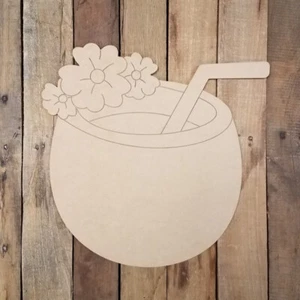 Ritaglio bevanda estiva hawaiana cocco tropicale forma legno, dipinto per linea artigianale - Foto 1 di 1