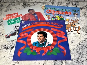 CHRISTMAS 3 LP LOT Elvis Presley Johnny Mathis & Chipmunks Vintage Vinyl Records - Picture 1 of 16