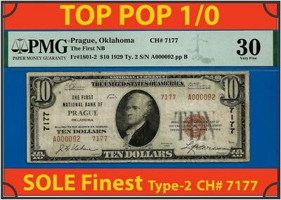 1929 $10 National Bank Prague, Oklahoma CH# 7177 rare 3 known PMG 30 Top Pop 1/0 - Image 1 of 4