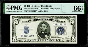 $5 1934D Silver Certificate Fr#1654N Narrow PMG 66 EPQ Gem Uncirculated - Picture 1 of 3