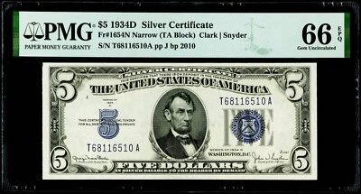 $5 1934D Silver Certificate Fr#1654N Narrow PMG 66 EPQ Gem Uncirculated - Image 1 of 3