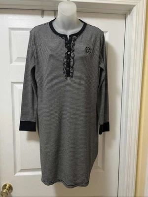 Camisa para dormir Lauren Ralph Lauren negra blanca a rayas con volantes M Foto 1 de 4