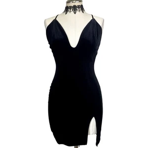 Gothic Mortica Addams Bodycon Flattering Cross Strap Slit Mini Dress Velvet - Picture 1 of 15