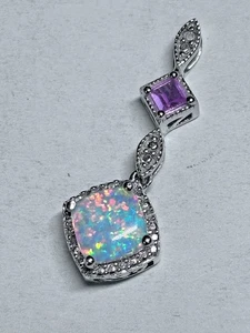 Sterling Silver Amethyst Opal Dangle Pendant 2.3g - Picture 1 of 5