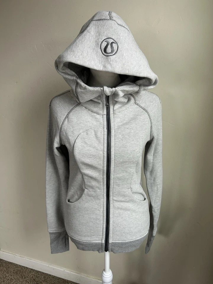 Lululemon Scuba Hoodie Women’s 2 Gray White Striped Zip Fleece Jacket Thumbholes - Image 1 of 4