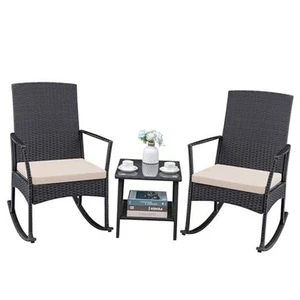 3 Pieces Patio Furniture Set Outdoor Wicker Rocking Chairs with Glass Coffee - Picture 1 of 8