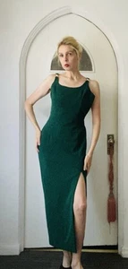 Vestido Vintage Años 80 Scott McClintock Sin Mangas Verde Poli Brillante Glamour X/S - Imagen 1 de 10