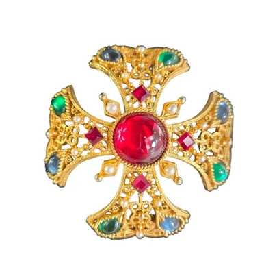 Maltese Cross Brooch Pendant Goldtone Gripoix Glass Emerald Pearl Open Back Vtg - Image 1 of 4