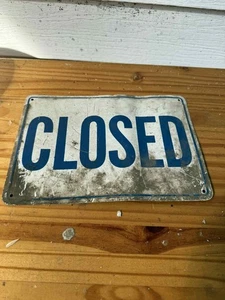 Vintage 1960s Metal CLOSED Sign-Blue Letters-Shop Door Business Display Sign - Picture 1 of 2