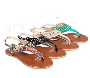 Bambus 4 Farben Gladiatoren Knöchelriemen Schnalle Strass Damen Sandalen Schuhe - Bild 1 von 19