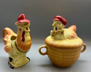 Vintage Regal China Pottery Old Macdonald Farm Rooster Creamer & Sugar Bowl - Picture 1 of 7