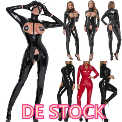 DE~Damen Catsuit Ganzkörper Lack Leder Wetlook Overall Langarm Bodysuit Clubwear - Bild 1 von 2